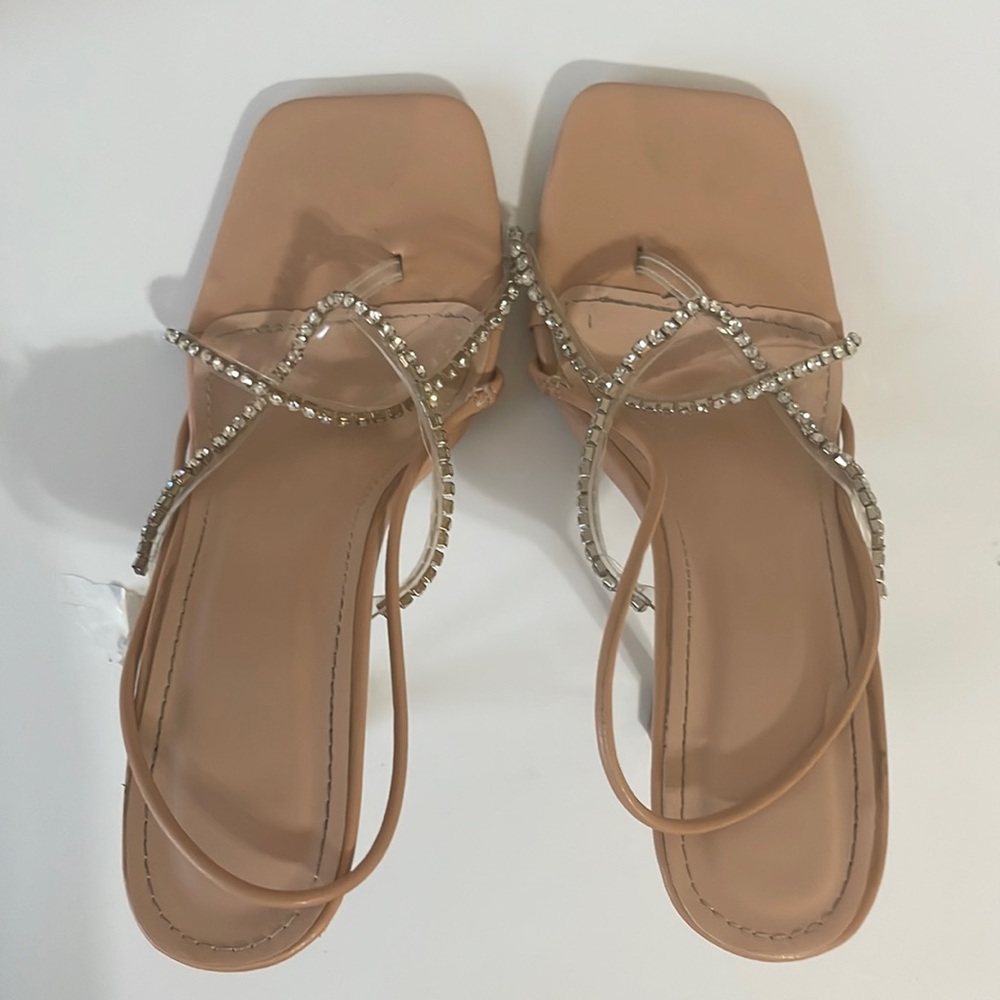 Rhinestone sling back nude heeled sandals